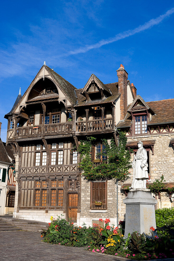 France, Seine et Marne, Moret on Loing, Maison Racollet with Neo Medevial style on the City Hall Square