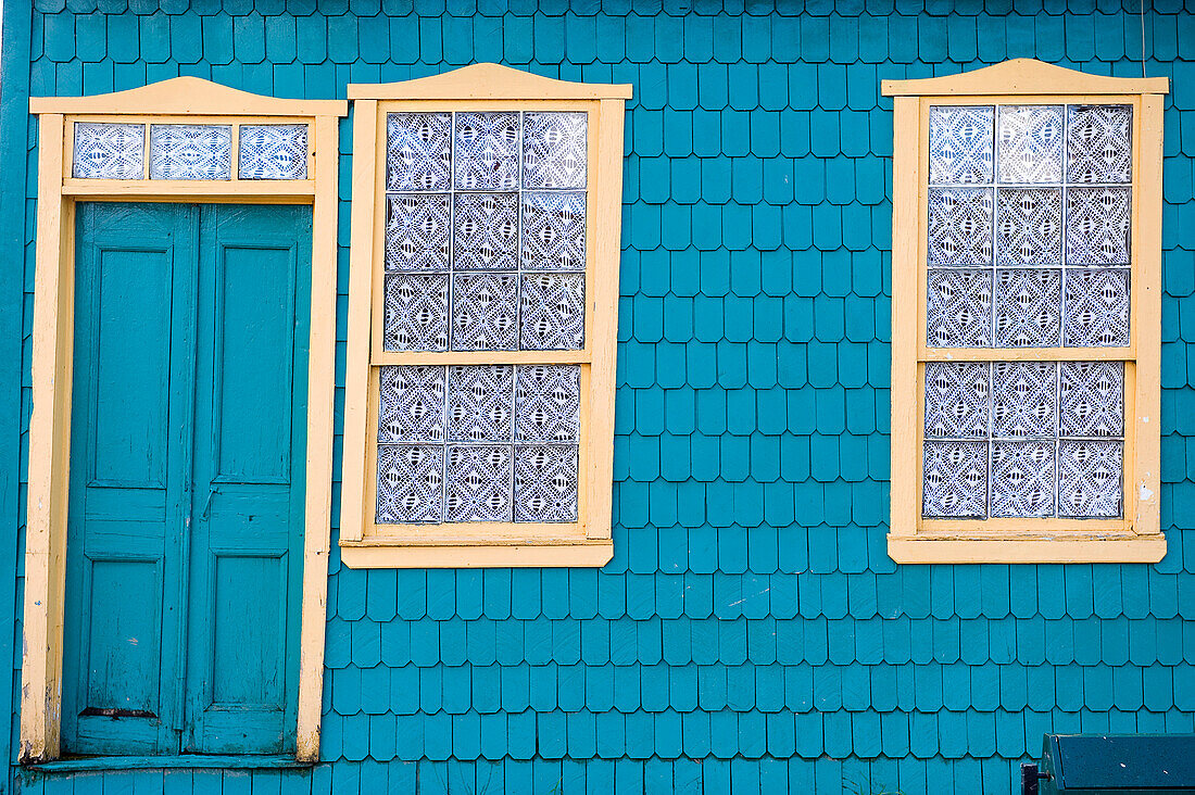 Chile, Los Lagos Region, Chiloé Island, Quinchao Island, Curaco de Velez, traditional house covered with Alerce wood