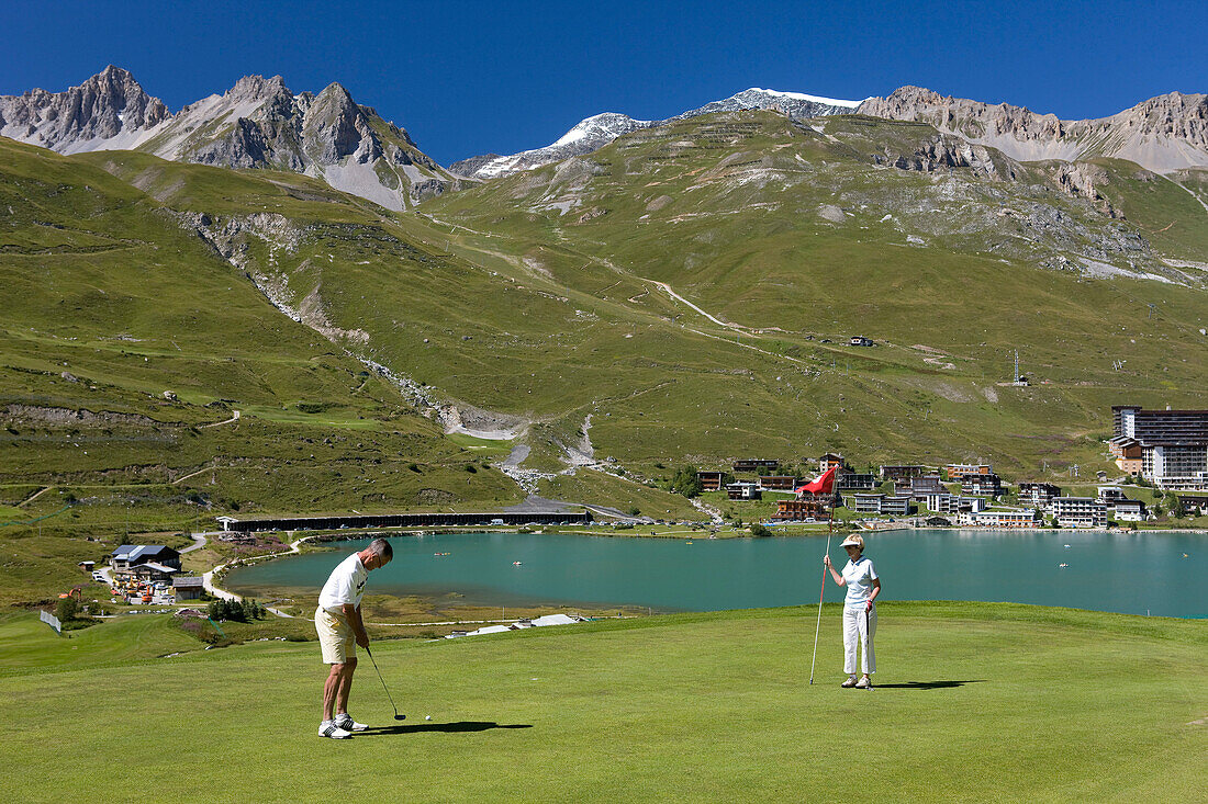 France, Savoie, Tignes, the highest golf in Europe with view on the Dome de la Sache