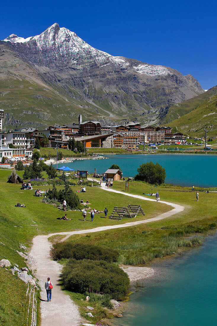 France, Savoie, Tignes 2100, Vanoise Massif with view on the snowy Pierre Pointe Rocks