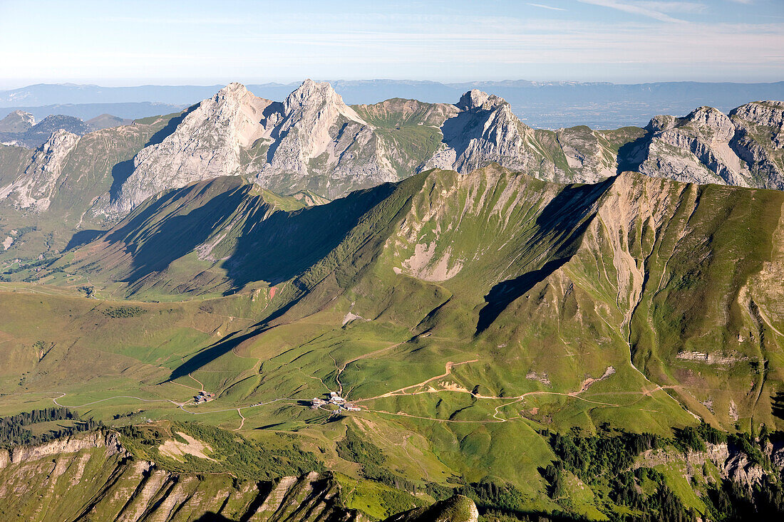 France, Haute Savoie, Le Grand Bornand, Col des Annes 1721m, the 2232m peak Almet, the tip of the Grande Combe 2210m and behind the Bargy chain view from the Aravis chain