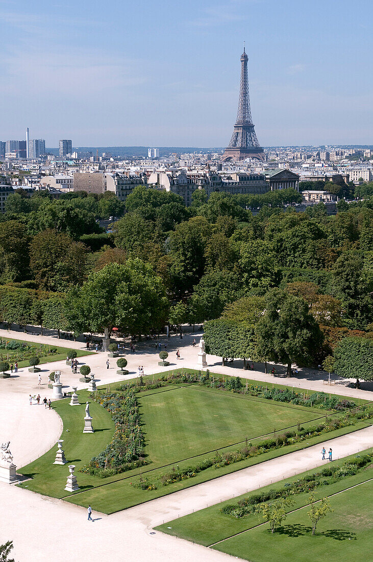 France, Paris, area listed as World Heritage by UNESCO, the Tuileries Gardens rearranged by Le Notre and the Eiffel Tower