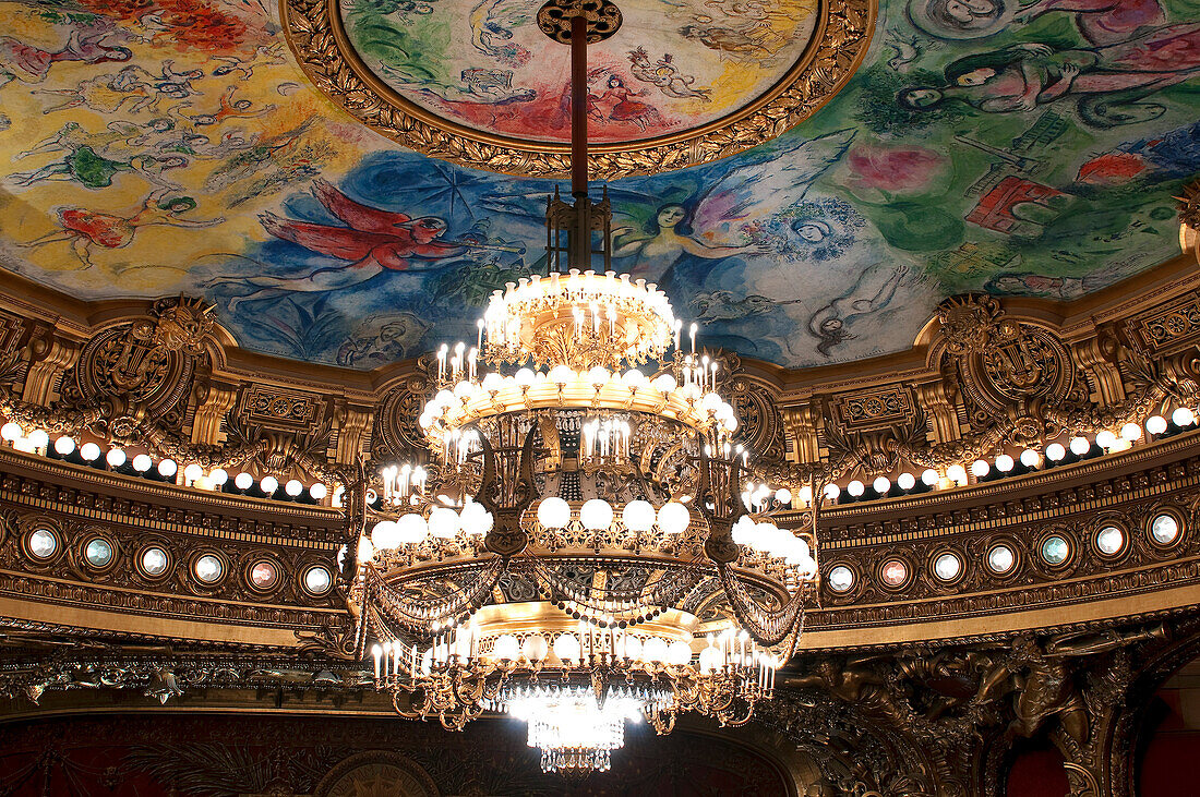 France, Paris, Garnier opera house, the ceiling painted by Chagall and the chandelier in the auditorium