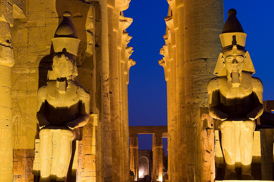 Egypt, Upper Egypt, Nile Valley, floodlight of Luxor Temple listed as World Heritage by UNESCO