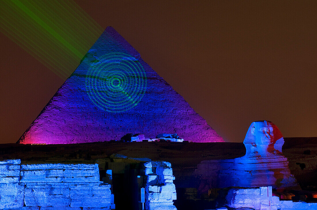 Egypt, Cairo, Gizeh, listed as World Heritage by UNESCO, son et lumiere display in front of Khephren Pyramid and the Sphinx
