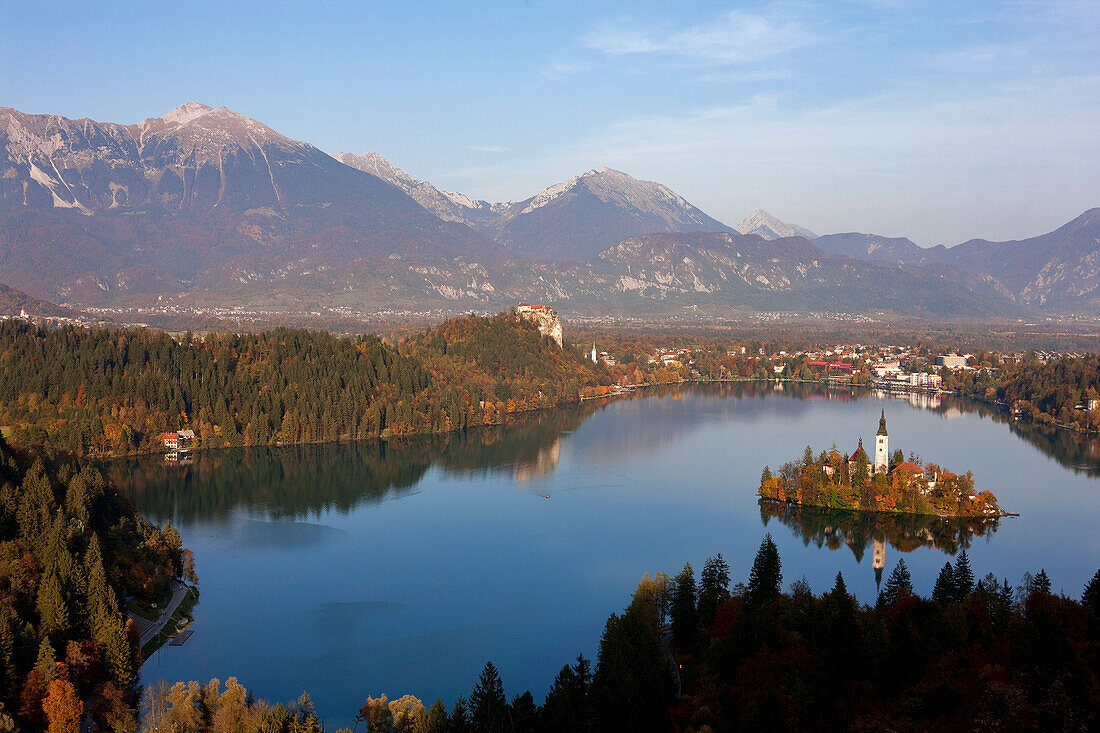 Slovenia, Gorenjska region, on the island of the Bled lake, church of the Assumption with the Julian Alps in the background