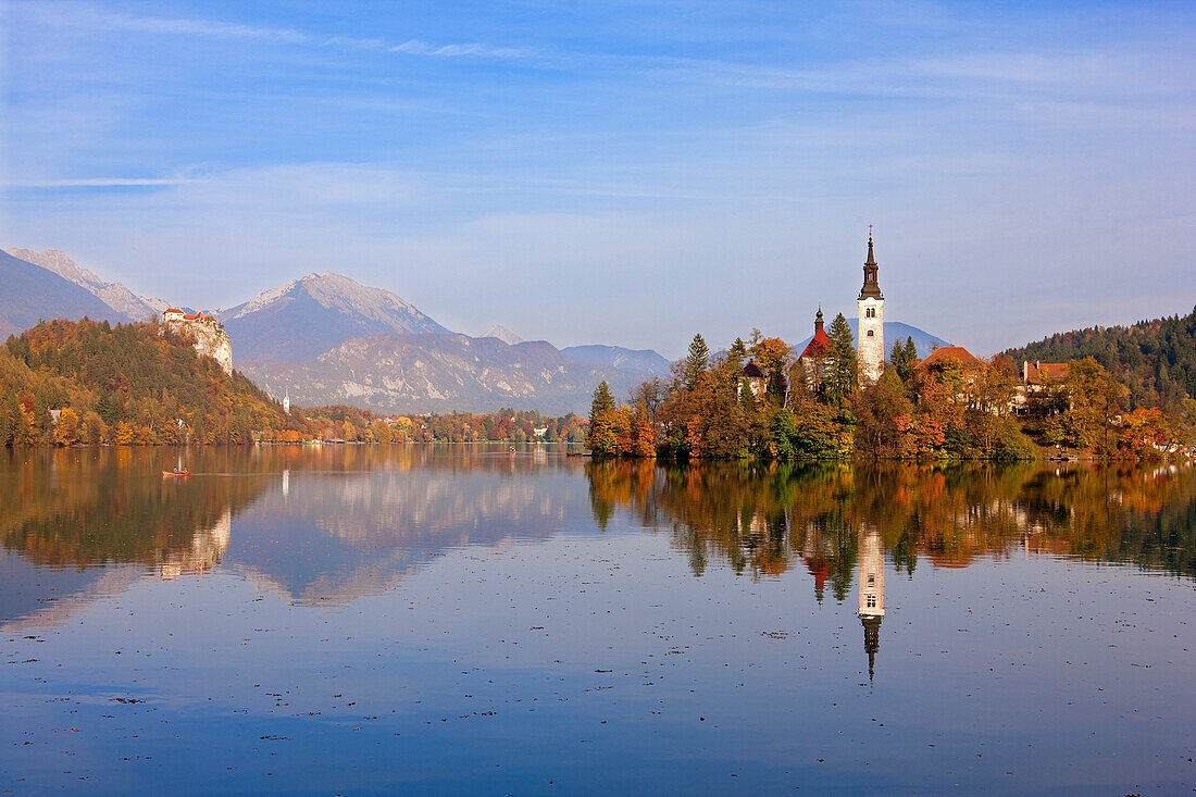 Slovenia, Gorenjska region, on the island of the Bled lake, church of the Assumption with the Julian Alps in the background