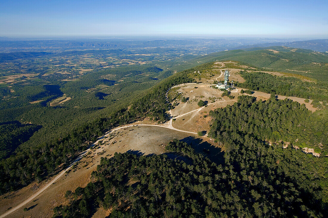 France, Vaucluse, Luberon, top of the Mourre Negre Mount (1125m) and pine forest (aerial view)