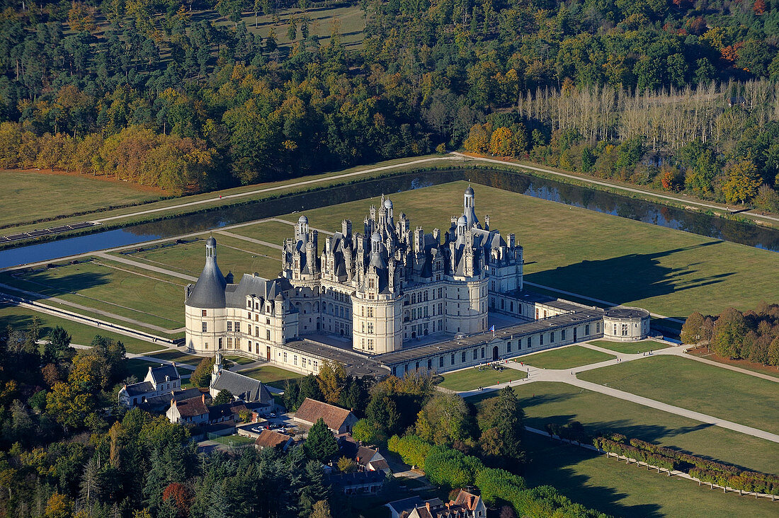 France, Loir et Cher, Loire Valley listed as World Heritage by UNESCO, Chateau de Chambord (aerial view)