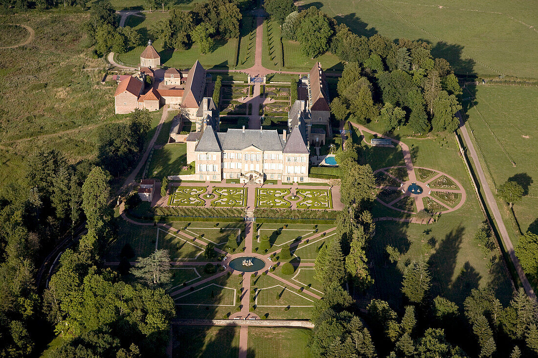France, Saone-et-Loire, château de Dree and its formal gardens near the village of Curbigny restored in 1995 by current owner Ghislain Prouvost (aerial view)