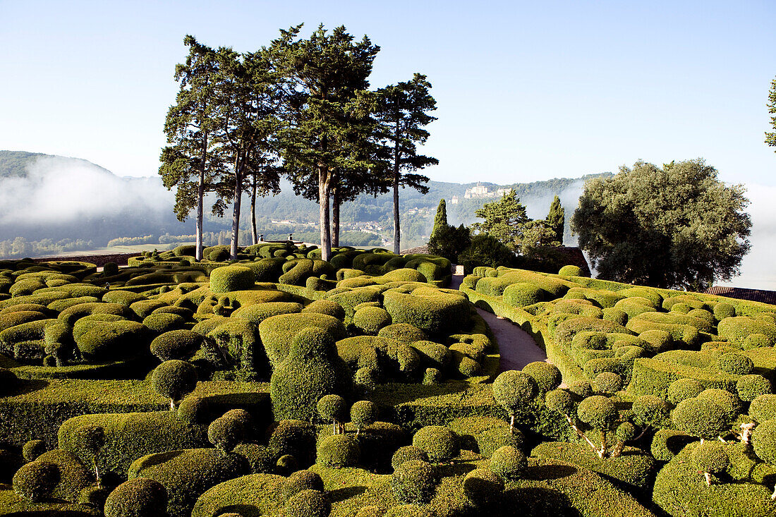 France, Dordogne, Perigord Noir, Dordogne Valley, Vezac, Chateau de Marqueyssac, terraced gardens with box tree designed by Le Notre