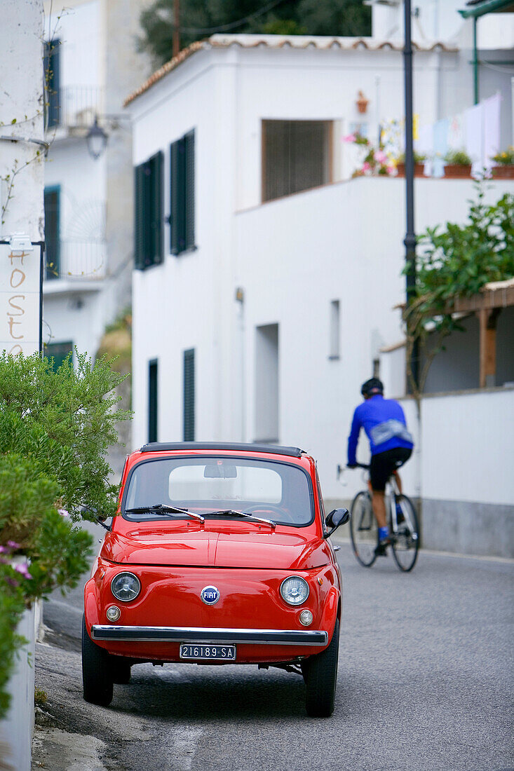 Italy, Campania, Amalfi Coast, listed as World Heritage by UNESCO, Praiano, Fiat 500 in the street