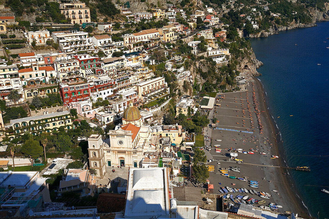 Italy, Campania, Amalfi Coast, listed as World Heritage by UNESCO, Positano, the big beach and Santa Maria Assunta Church (Our Lady of Assumption)