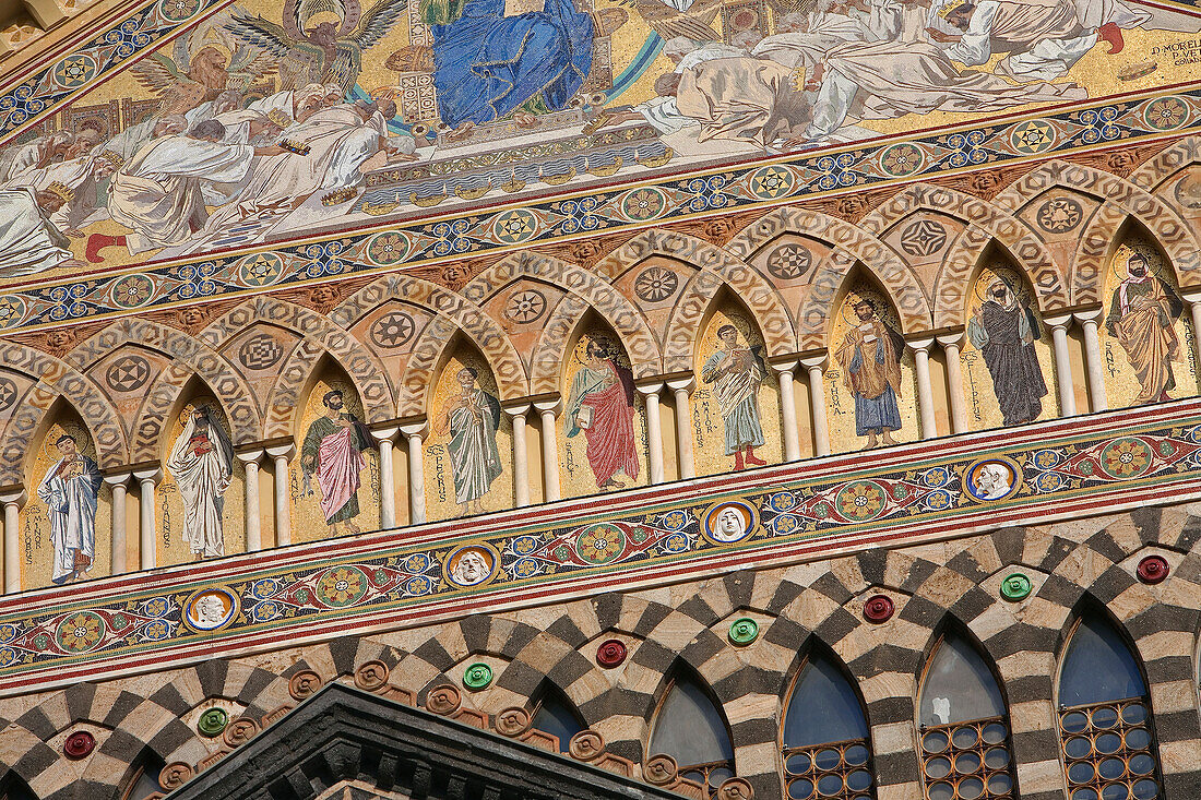 Italy, Campania, Amalfi Coast, listed as World Heritage by UNESCO, Amalfi, Sant' Andrea Cathedral, detail of intersected arcatures and mosaics with scenes from the Apocalypse of John and the twelve apostles