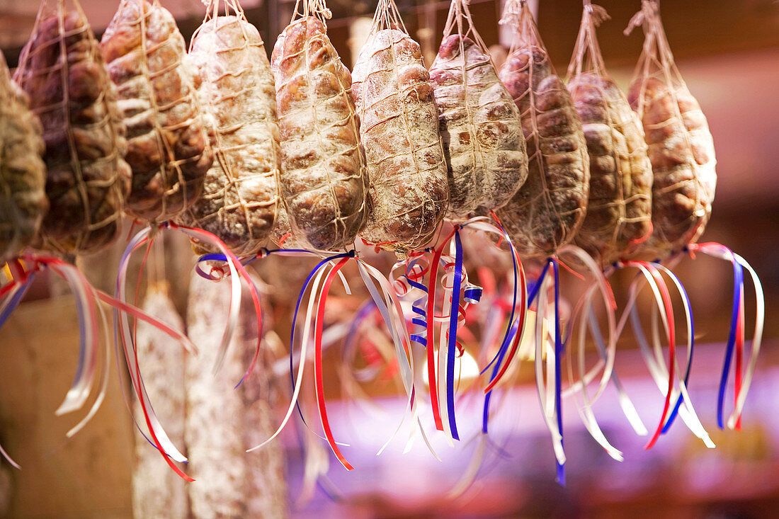 France, Rhone, Lyon, cours Lafayette, les Halles Paul Bocuse (Paul Bocuse covered market), saucisson Jesus, local speciality of sausage from the Lyon region