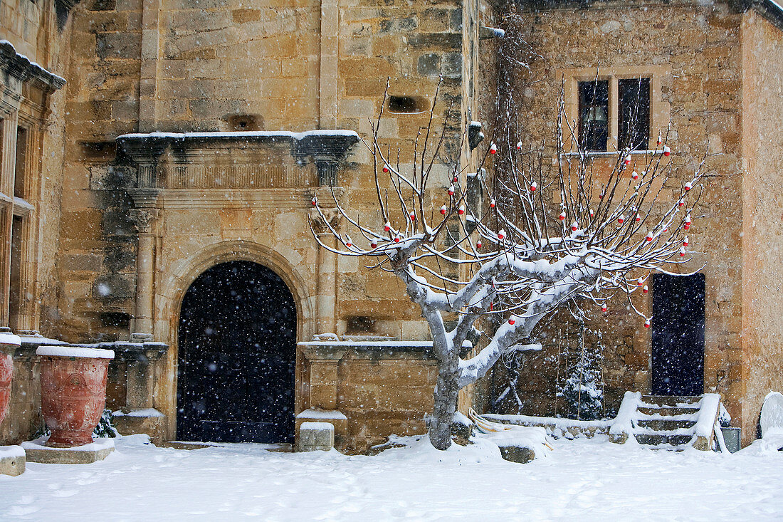 France, Vaucluse, Luberon, Lourmarin, labelled Les Plus Beaux Villages de France (The Most Beautiful Villages of France), the 15th and 16th centuries castle under the snow