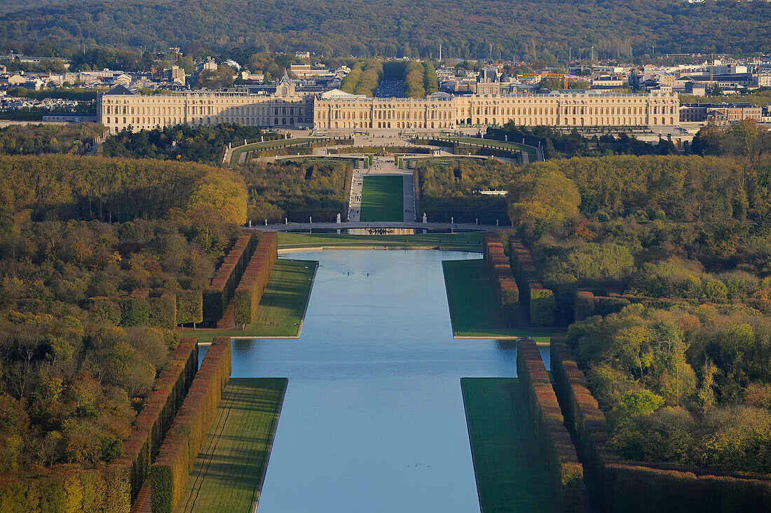France, Yvelines, Chateau de Versailles Park, listed as World Heritage by UNESCO, the Grand Canal (aerial view)