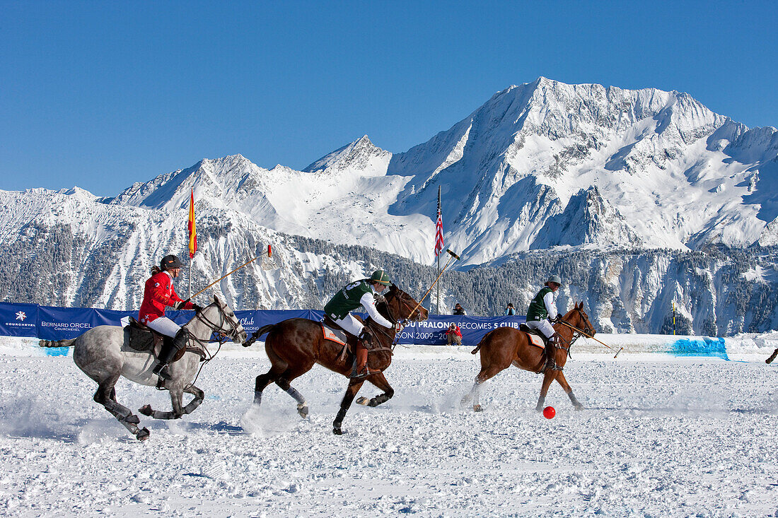 France, Savoie, Tarentaise, Massif de la Vanoise, Courchevel 1850, snow polo event, view on the Grand Bec Peak in Parc National de La Vanoise (3398m)