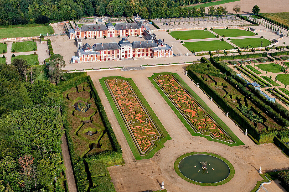 France, Eure, le Neubourg, the castle and the gardens of Champ de Bataille, estate owned by the designer Jacques Garcia (aerial view)