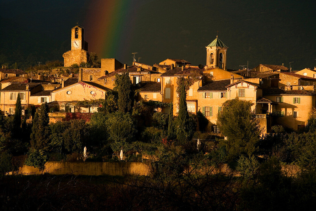 France, Vaucluse, Luberon, Lourmarin, labelled Les Plus Beaux Villages de France (the most beautiful villages of France), Tour de l'horloge (Clock Tower) and church