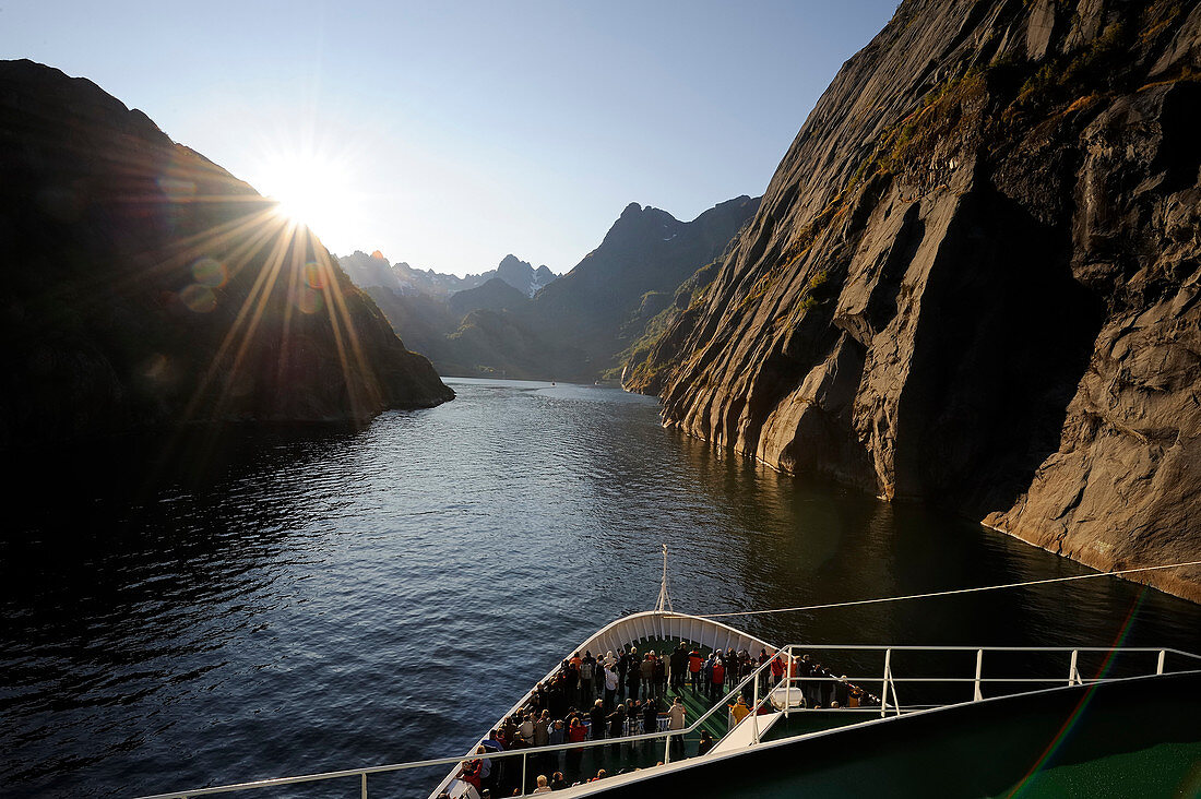 Norway, Nordland County, Lofoten Islands, Austvagoy Island, the Coastal Express (Hurtigruten) crossing Trollfjord, narrow fjord at the edge of Raftsundet