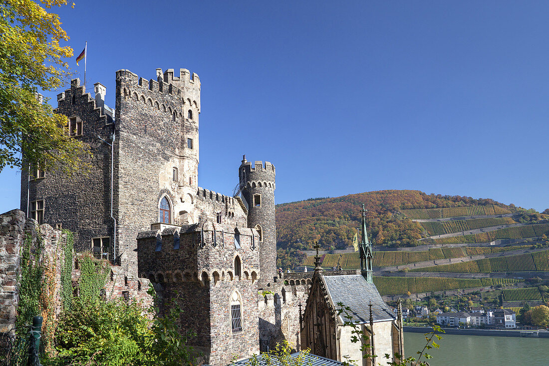 Burg Rheinstein am Rhein bei Trechtingshausen, Oberes Mittelrheintal, Rheinland-Pfalz, Deutschland, Europa