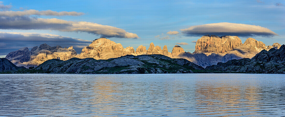 Panorama with lake and mood of clouds above Brenta Group, Lago Nero, Adamello-Presanella Group, Trentino, Italy