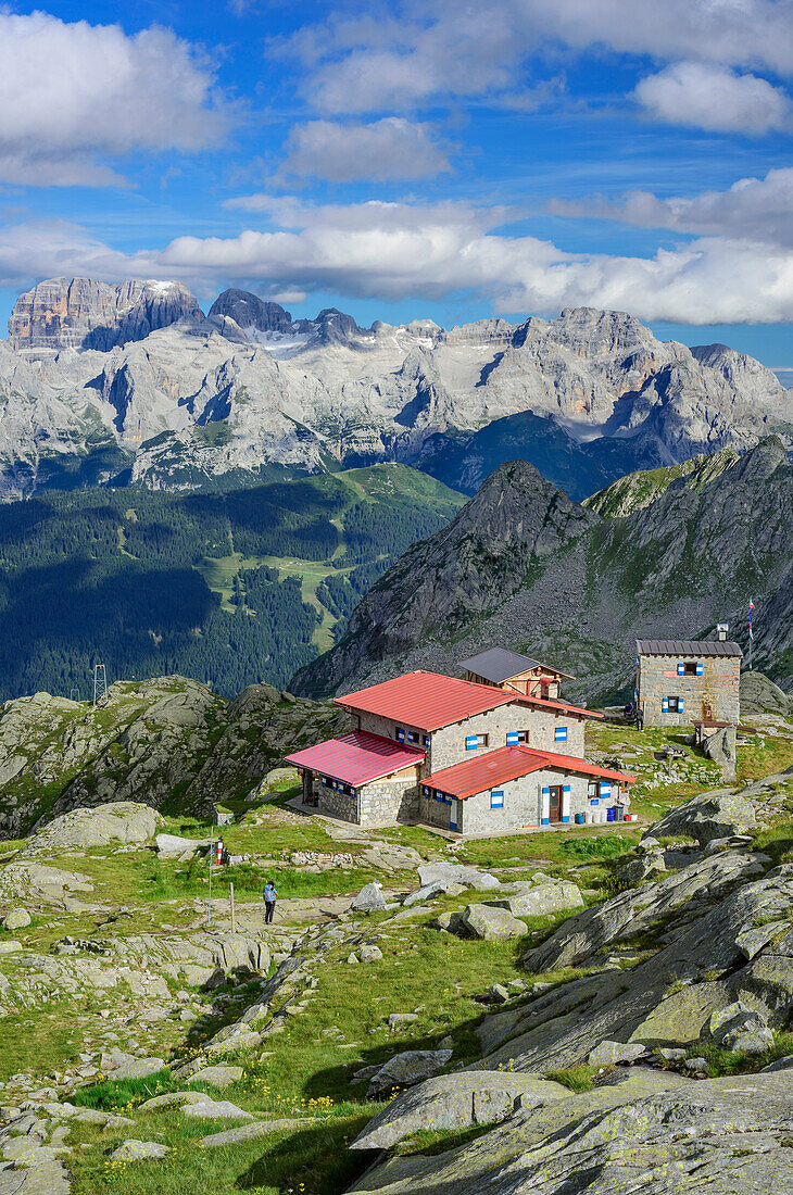 Hut rifugio Segantini in front of Brenta, hut rifugio Segantini, Adamello-Presanella Group, Trentino, Italy