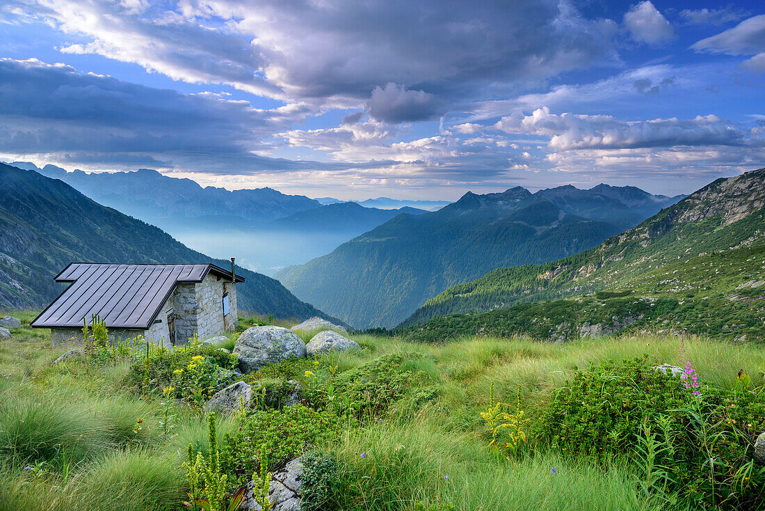 View to bivacco Roberti and Val Genova, bivacco Roberti, Val Genova, Adamello-Presanella Group, Trentino, Italy