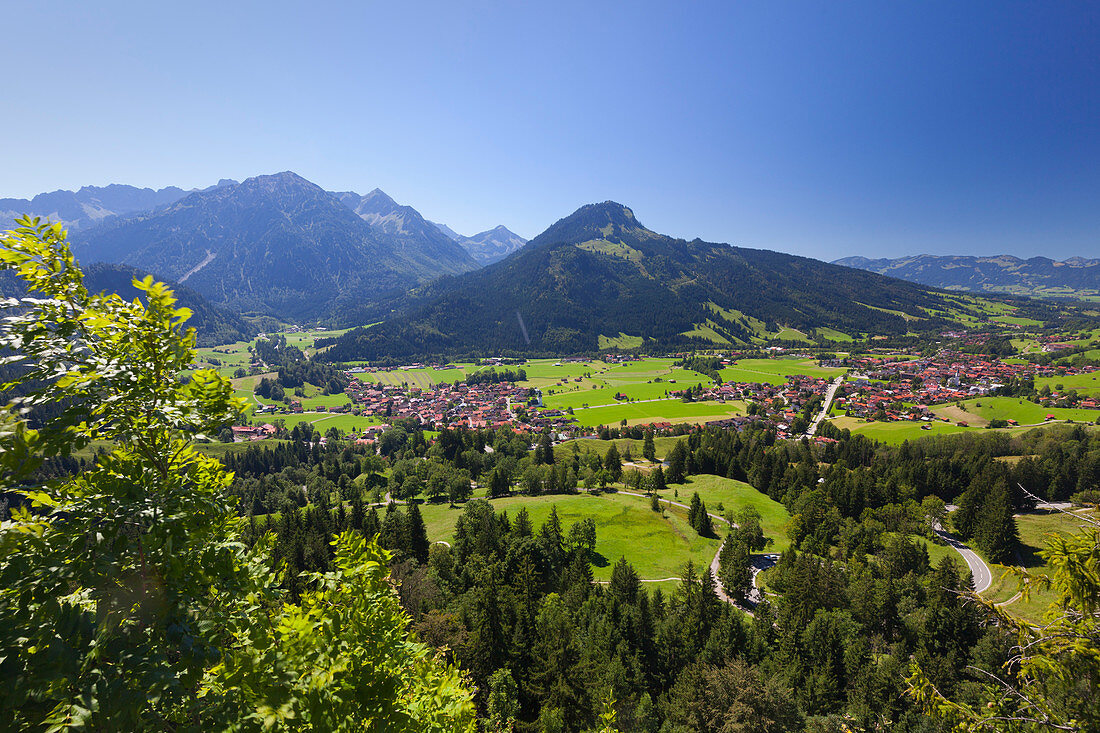 View over Ostrach valley with Bad Oberdorf, Bad Hindelang and Imberger Horn, Allgaeu Alps, Allgaeu, Bavaria, Germany
