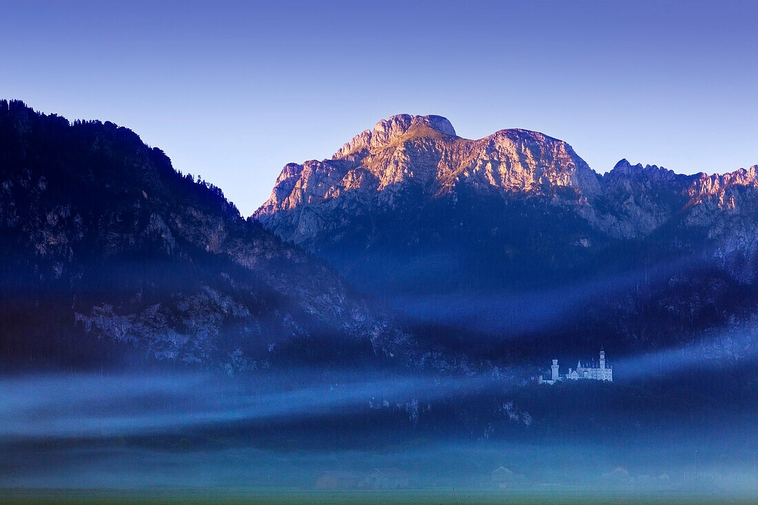 View through the mist towards Neuschwanstein castle and Saeuling, Allgaeu Alps, Allgaeu, Bavaria, Germany