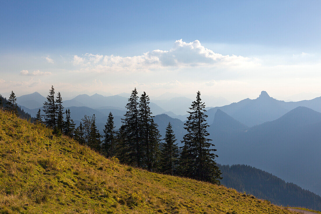 Blick vom Wallberg auf die bayrischen Alpen mit dem markanten Gipfel von Roßstein/Buchstein, bei Rottach-Egern am Tegernsee, Mangfallgebirge, Bayern, Deutschland