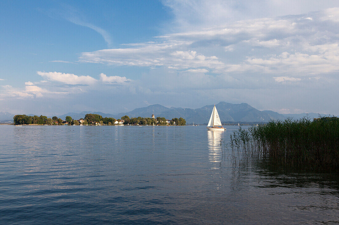 Blick über den Chiemsee zur Fraueninsel, bei Gstadt, Bayern, Deutschland