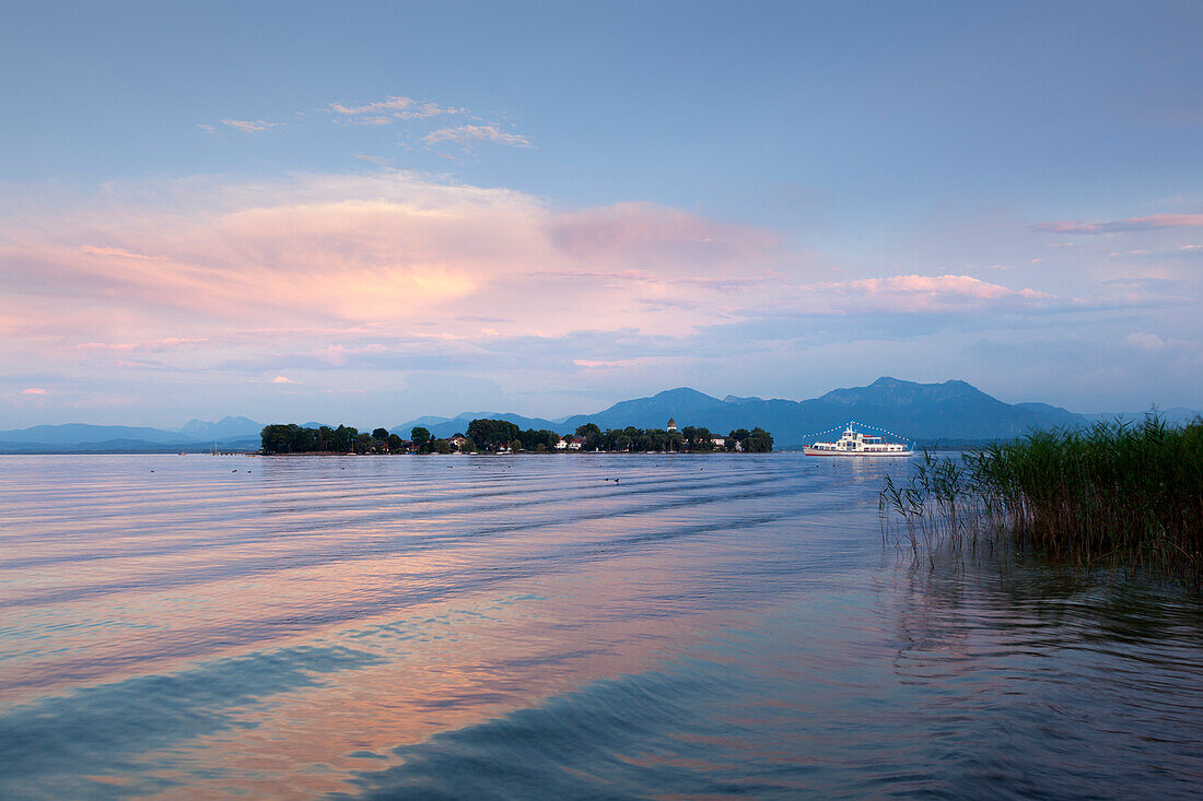 View over Chiemsee to Fraueninsel, near Gstadt, Bavaria, Germany