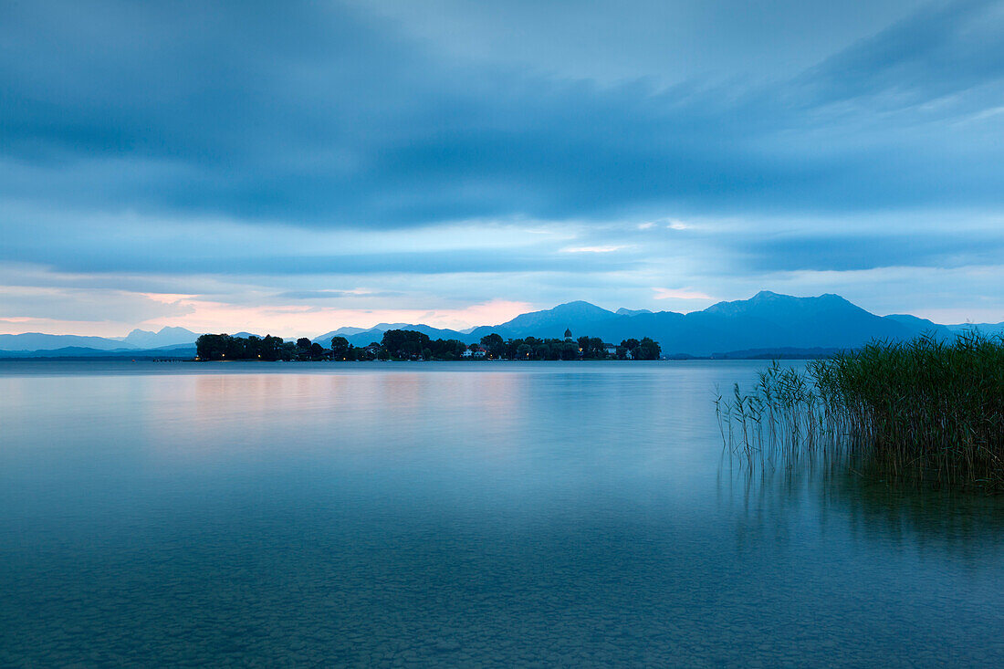 View over Chiemsee to Fraueninsel, near Gstadt, Bavaria, Germany