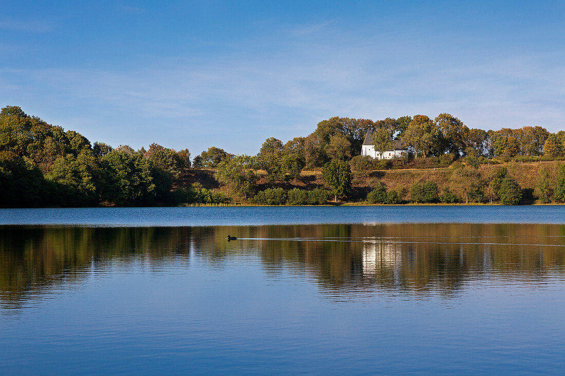 Chapel at weinfelder Maar, near Daun, Eifelsteig hiking trail, Eifel, Rhineland-Palatinate, Germany