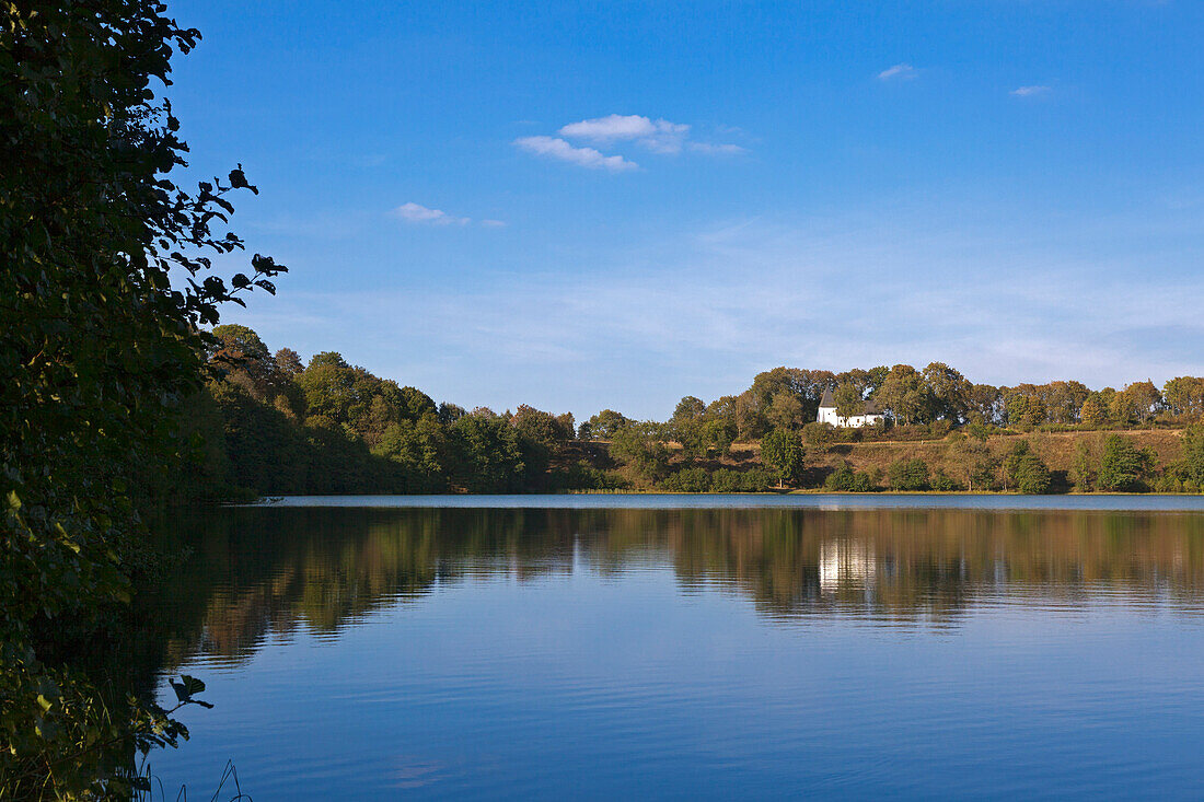 Chapel at weinfelder Maar, near Daun, Eifelsteig hiking trail, Eifel, Rhineland-Palatinate, Germany