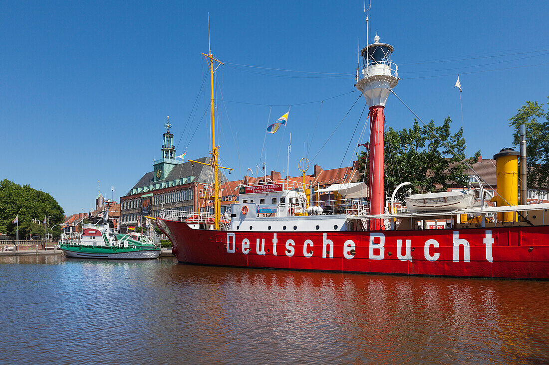Museum ship „Deutsche Bucht“, Ratsdelft, town hall, Emden,  East Friesland, Lower Saxony, Germany