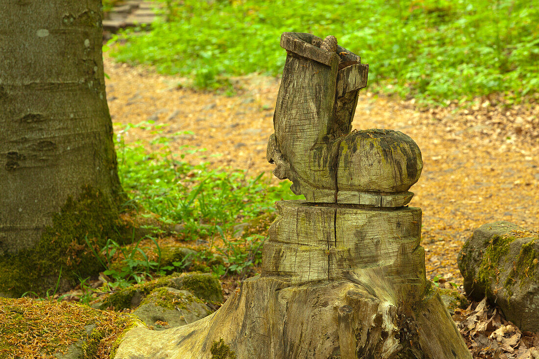 Baum-Skulptur „Wanderschuh“ am Gangolfsberg, bei Urspringen, Rhön, Bayern, Deutschland