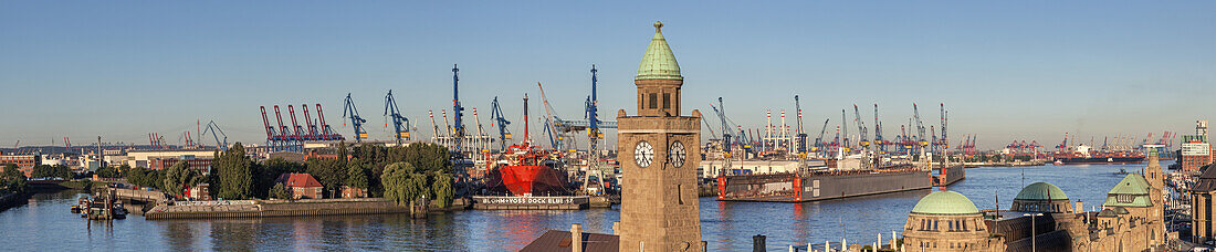 Jetties of St.-Pauli-Landungsbrücken with tower Pegelturm, in the background port of Hamburg, Hanseatic City Hamburg, Northern Germany, Germany, Europe