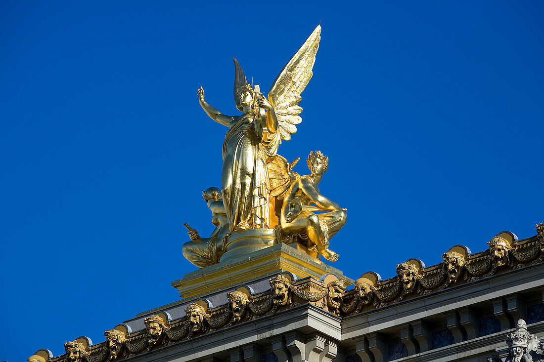 France, Paris, roof detail of the Garnier Opera house, the muse of poetry by Aime Millet