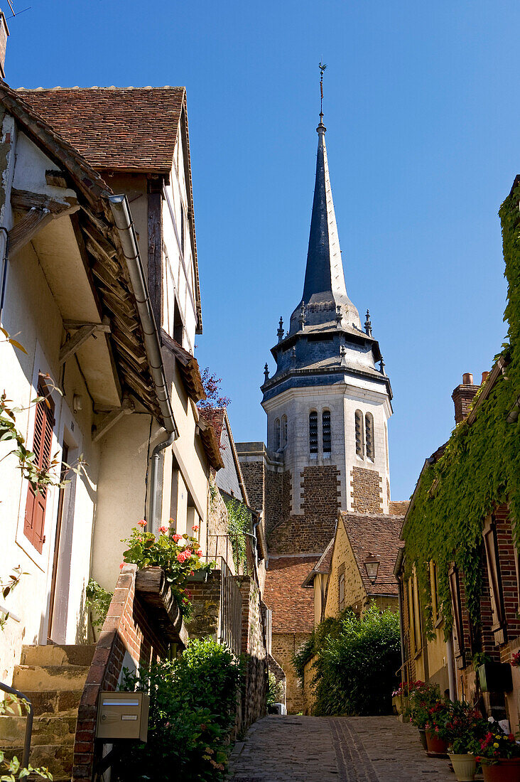 France, Yonne, Toucy, the fortified church Saint Pierre at the end of the church street