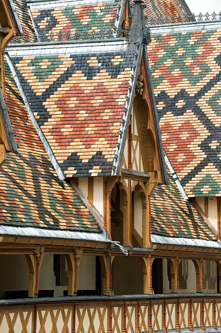 France, Cote d'Or, Cultural landscape of Burgundy climates listed as World Heritage by UNESCO, Beaune, the Hospice, tiles and colorful detail of the roof