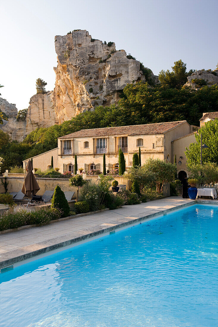 Frankreich, Bouches du Rhone, Alpilles, Les Baux de Provence, beschriftet Die Schönsten Dörfer Frankreichs (Die schönsten Dörfer von Frankreich), Oustau de Baumaniere, 4 Sterne Hotel-Restaurant von Relais und Chateaux-Kette