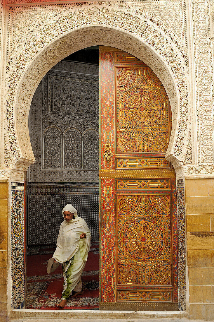 Morocco, Middle Atlas, Fez, Imperial City, Fez El Bali, medina listed as World Heritage by UNESCO, Zaouia funerary mosque of Sidi Ahmed Tijani, fine-cut facade and zelliges of the entry