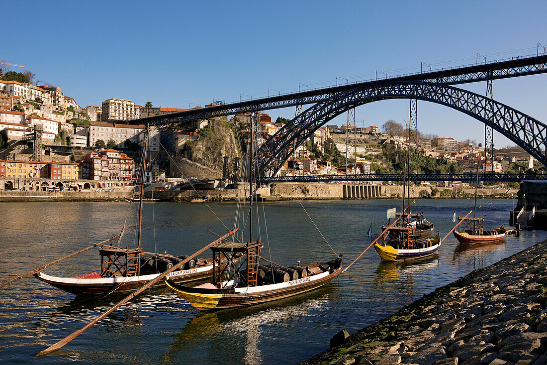 Portugal, Norte region, Porto, historical center listed as World Heritage by UNESCO, the Eiffel style Dom Luís Bridge, Rabelo, boat used for the river transport of Porto wine