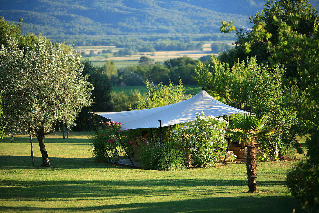 France, Vaucluse, Luberon, Lourmarin, labelled Les Plus Beaux Villages de France (The Most Beautiful Villages of France), la Feniere Inn, caidale Tent or Moroccan Tent