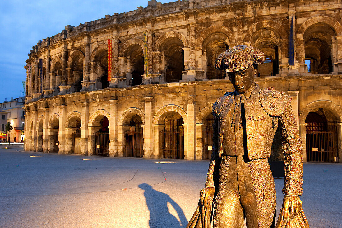 France, Gard, Nimes, Place des arenes, Nimeno II torero statue by Serena Carone in 1994