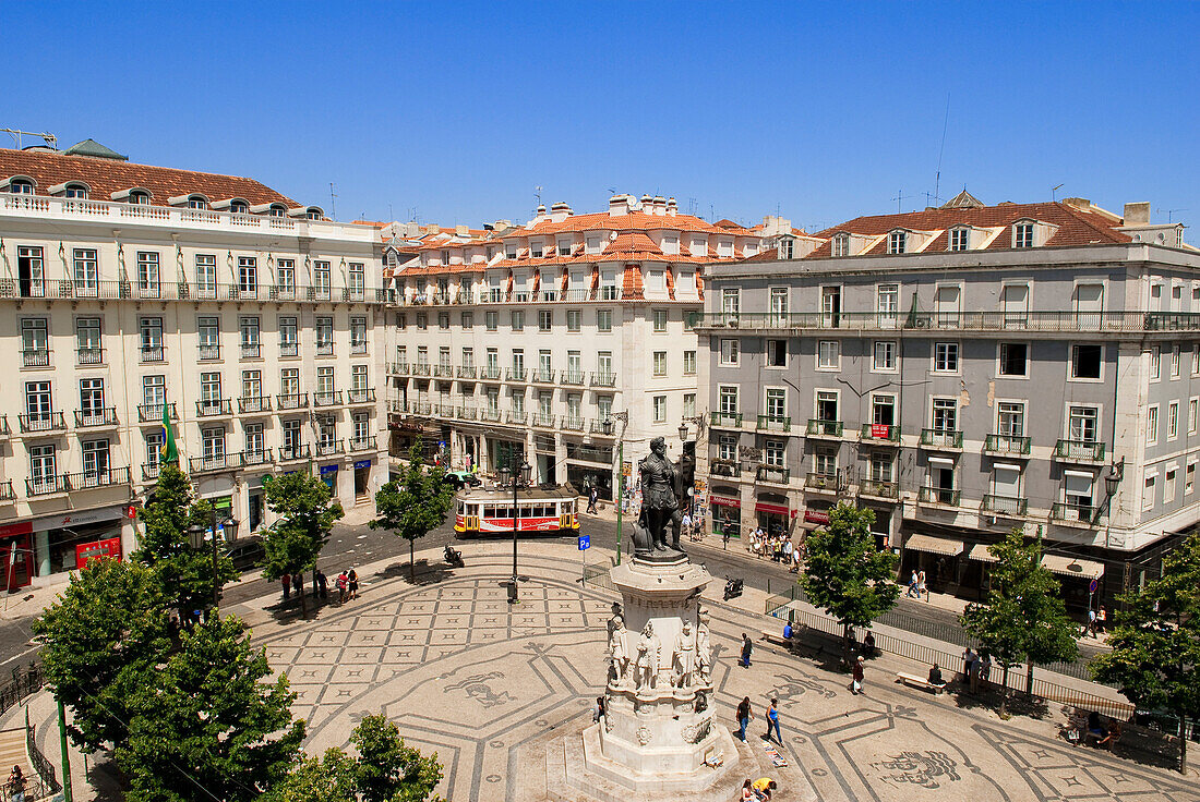 Portugal, Lisbon, Chiado District, Praca Luis de Camoes seen from a room of Bairro Alto Hotel, statue of the epic poet Luis de Camoes at the middle of the square