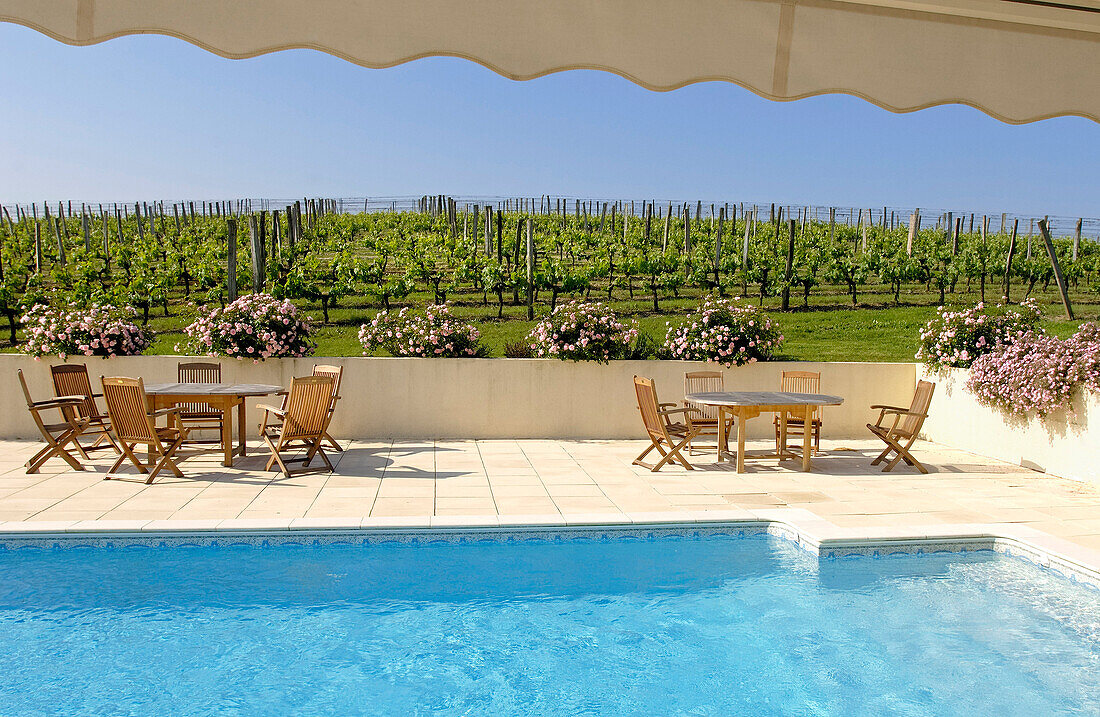 France, Gironde, Salleboeuf, Bordeaux vineyard and Entre Deux Mers, Chateau Pey Latour, swimming-pool and terrace of the Bordeaux Country Club-Dourthe Estate, Dourthe CVBG vineyards, AOC Bordeaux Superior
